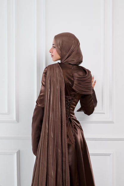 Asymmetric Grace Shoulder Drape Dress in Brown