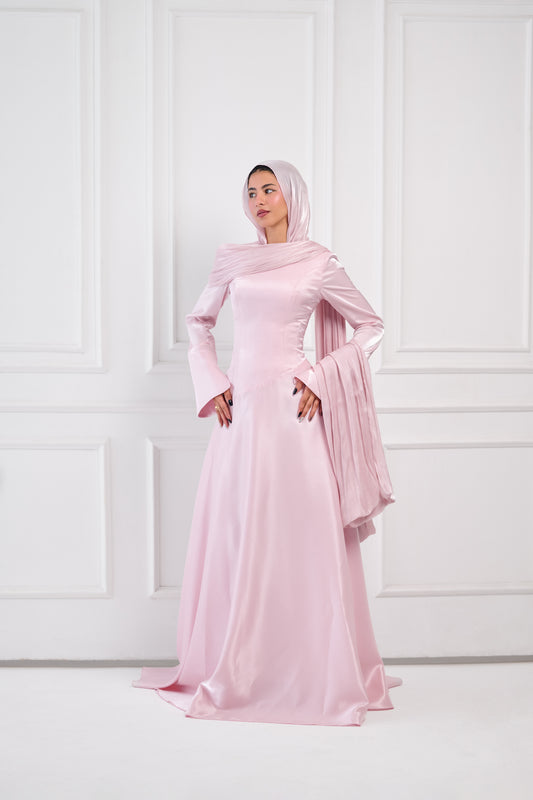 Asymmetric Grace Shoulder Drape Dress in Baby Rose