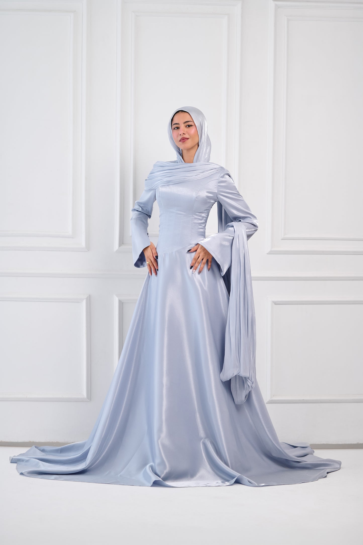 Asymmetric Grace Shoulder Drape Dress in Baby Blue