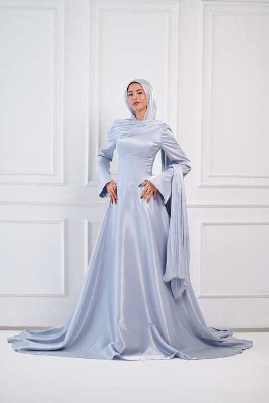 Asymmetric Grace Shoulder Drape Dress in Baby Blue