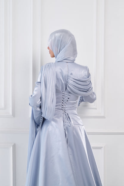 Asymmetric Grace Shoulder Drape Dress in Baby Blue