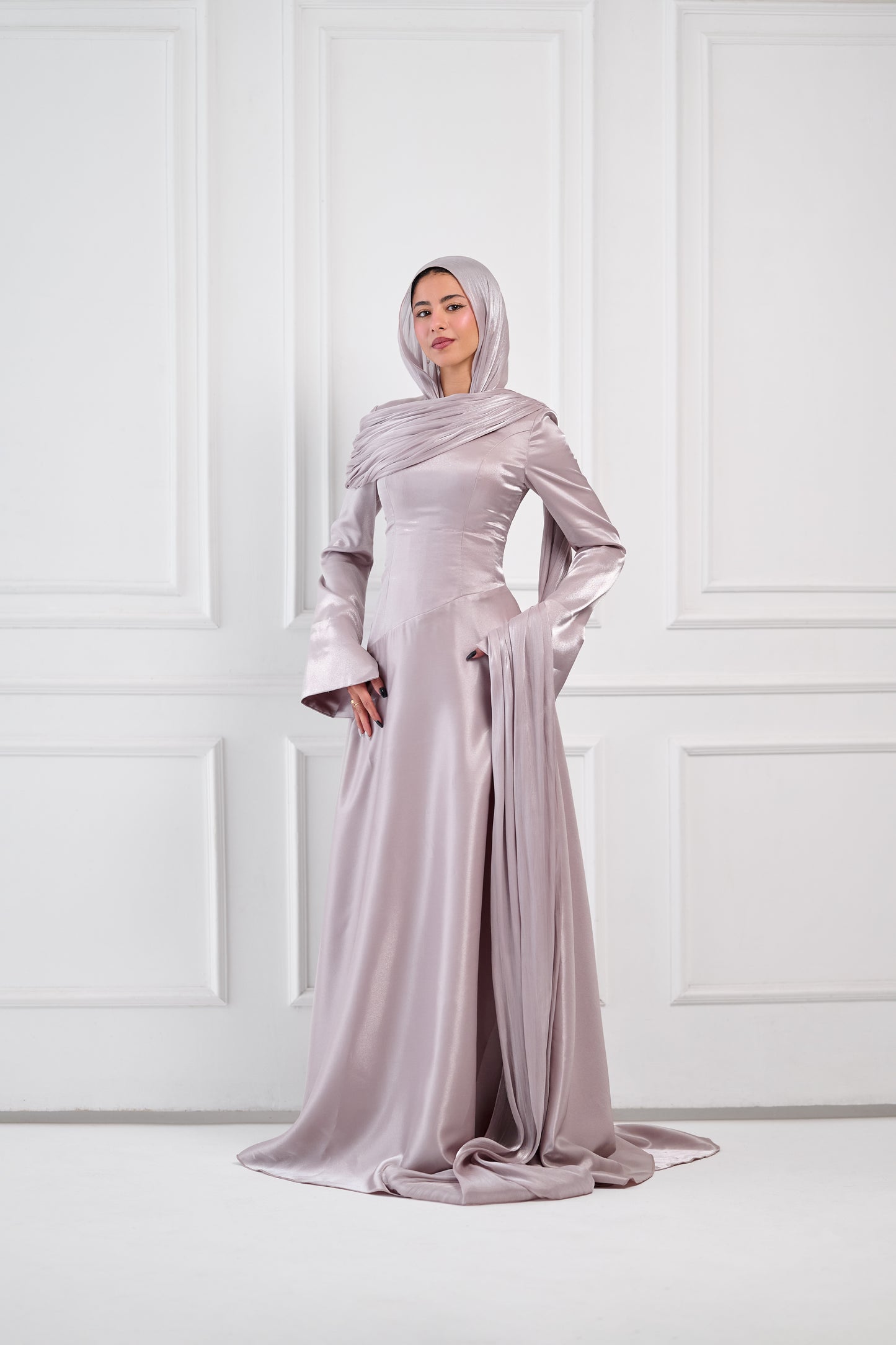 Asymmetric Grace Shoulder Drape Dress in Lilac
