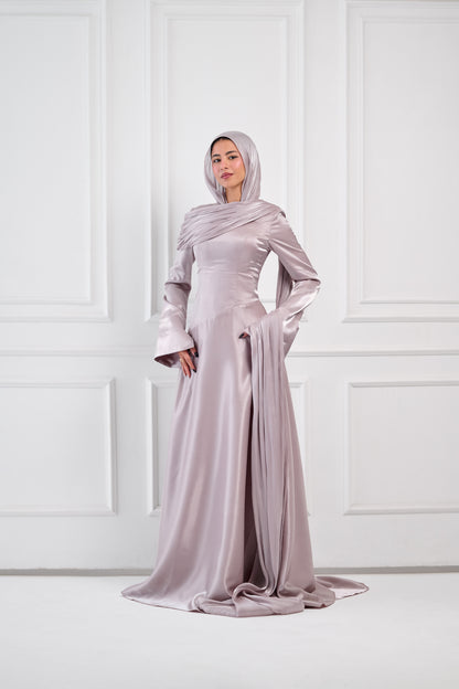 Asymmetric Grace Shoulder Drape Dress in Lilac