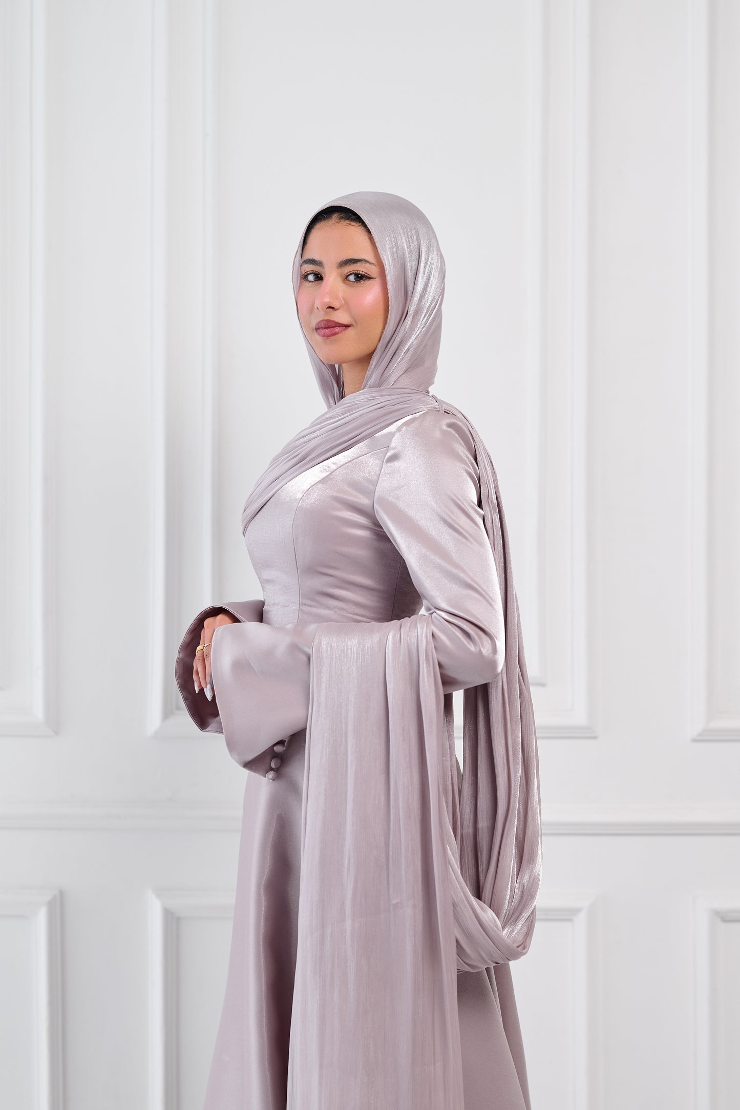 Asymmetric Grace Shoulder Drape Dress in Lilac