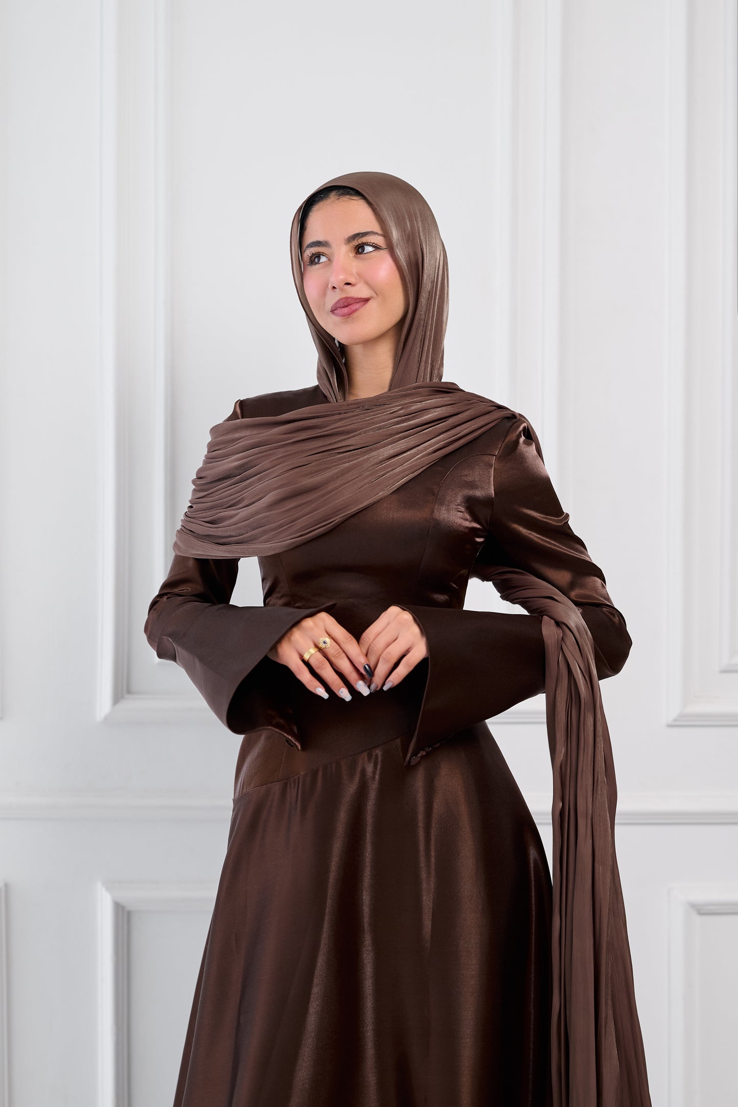 Asymmetric Grace Shoulder Drape Dress in Brown