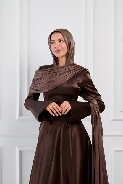 Asymmetric Grace Shoulder Drape Dress in Brown