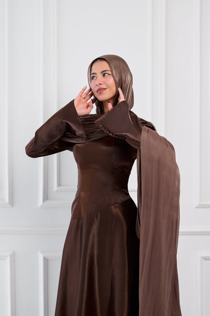 Asymmetric Grace Shoulder Drape Dress in Brown