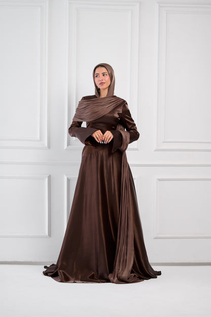 Asymmetric Grace Shoulder Drape Dress in Brown