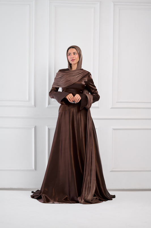 Asymmetric Grace Shoulder Drape Dress in Brown