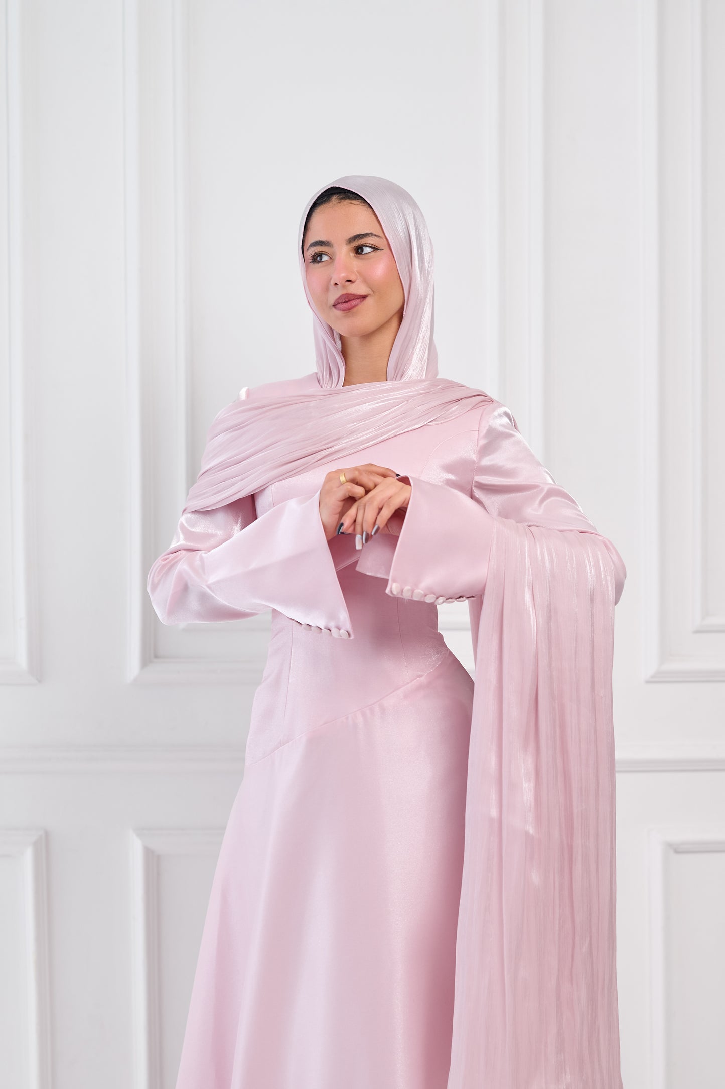 Asymmetric Grace Shoulder Drape Dress in Baby Rose