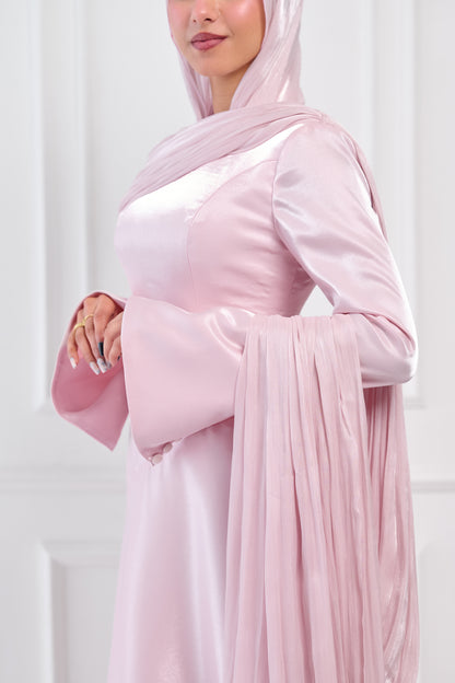 Asymmetric Grace Shoulder Drape Dress in Baby Rose