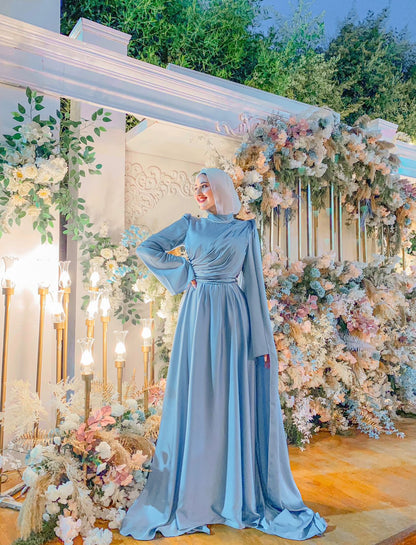 Baby-blue Draped Waisted Satin Soiree Dress