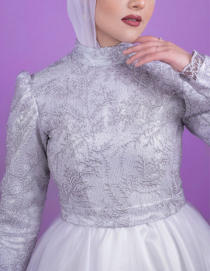 Silver Embroidered Tulle Soiree Dress