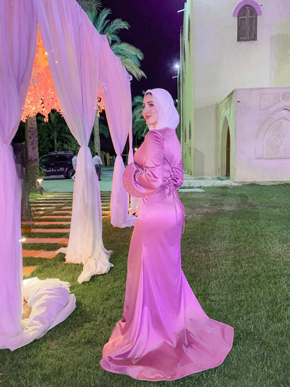 Pink Fitted Satin Soiree Dress