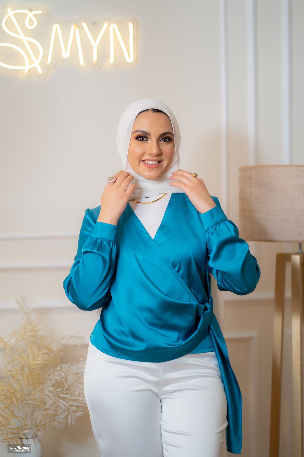 Turquoise Wrap Satin Blouse