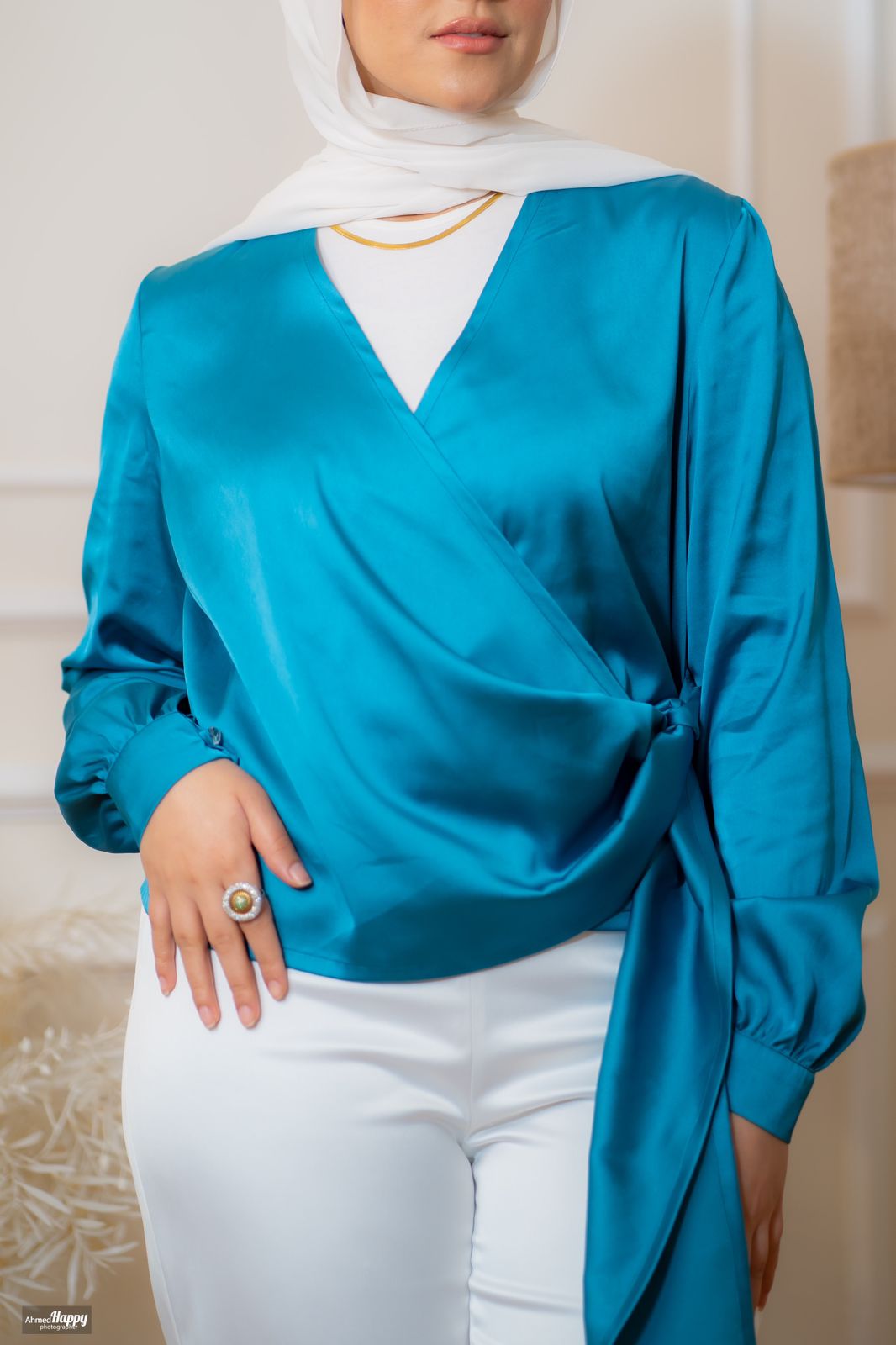 Turquoise Wrap Satin Blouse