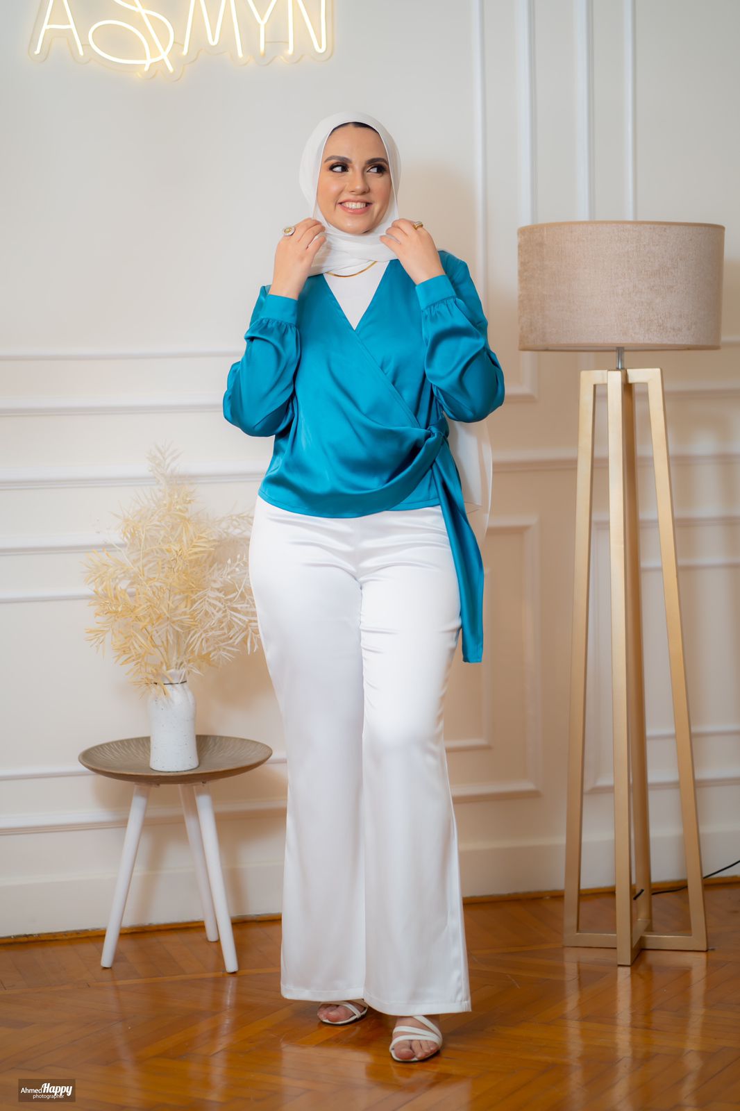 Turquoise Wrap Satin Blouse