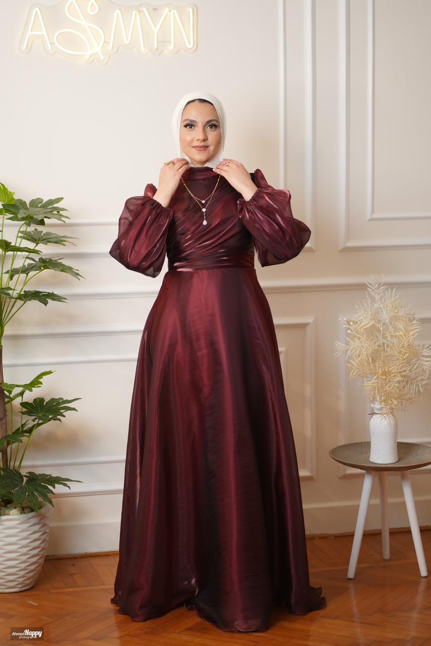 Maroon Metallic Organza Soiree Dress