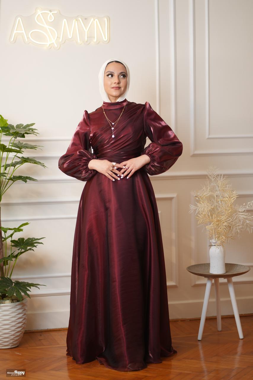 Maroon Metallic Organza Soiree Dress