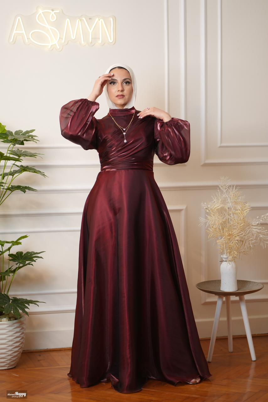 Maroon Metallic Organza Soiree Dress