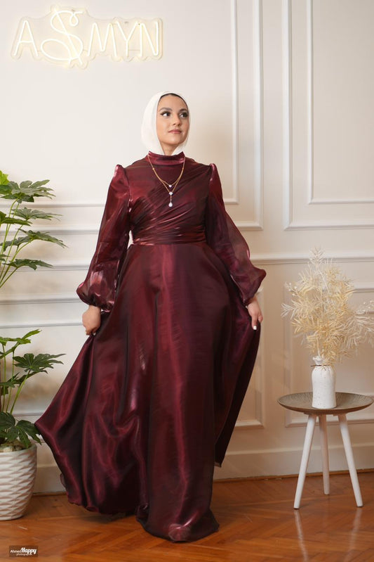 Maroon Metallic Organza Soiree Dress