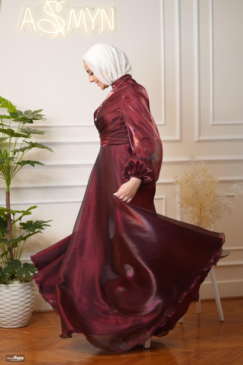 Maroon Metallic Organza Soiree Dress