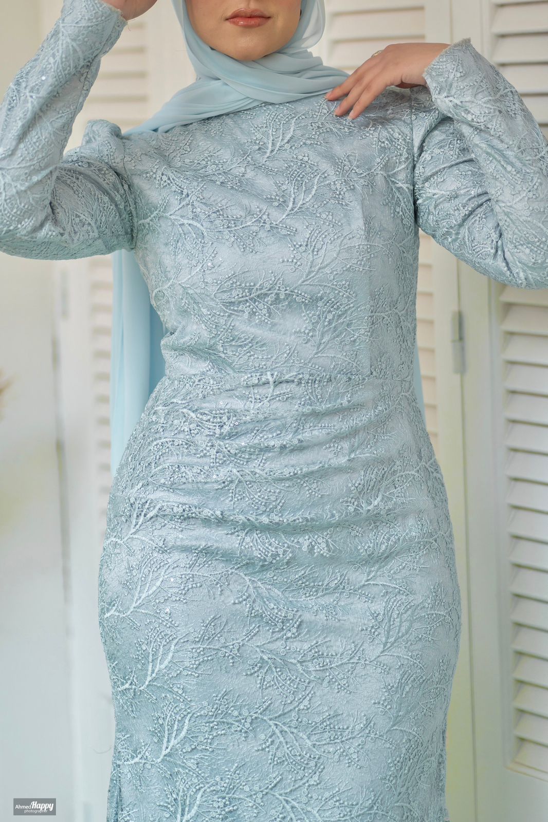 Baby-blue Embroidered Fitted Soiree Dress