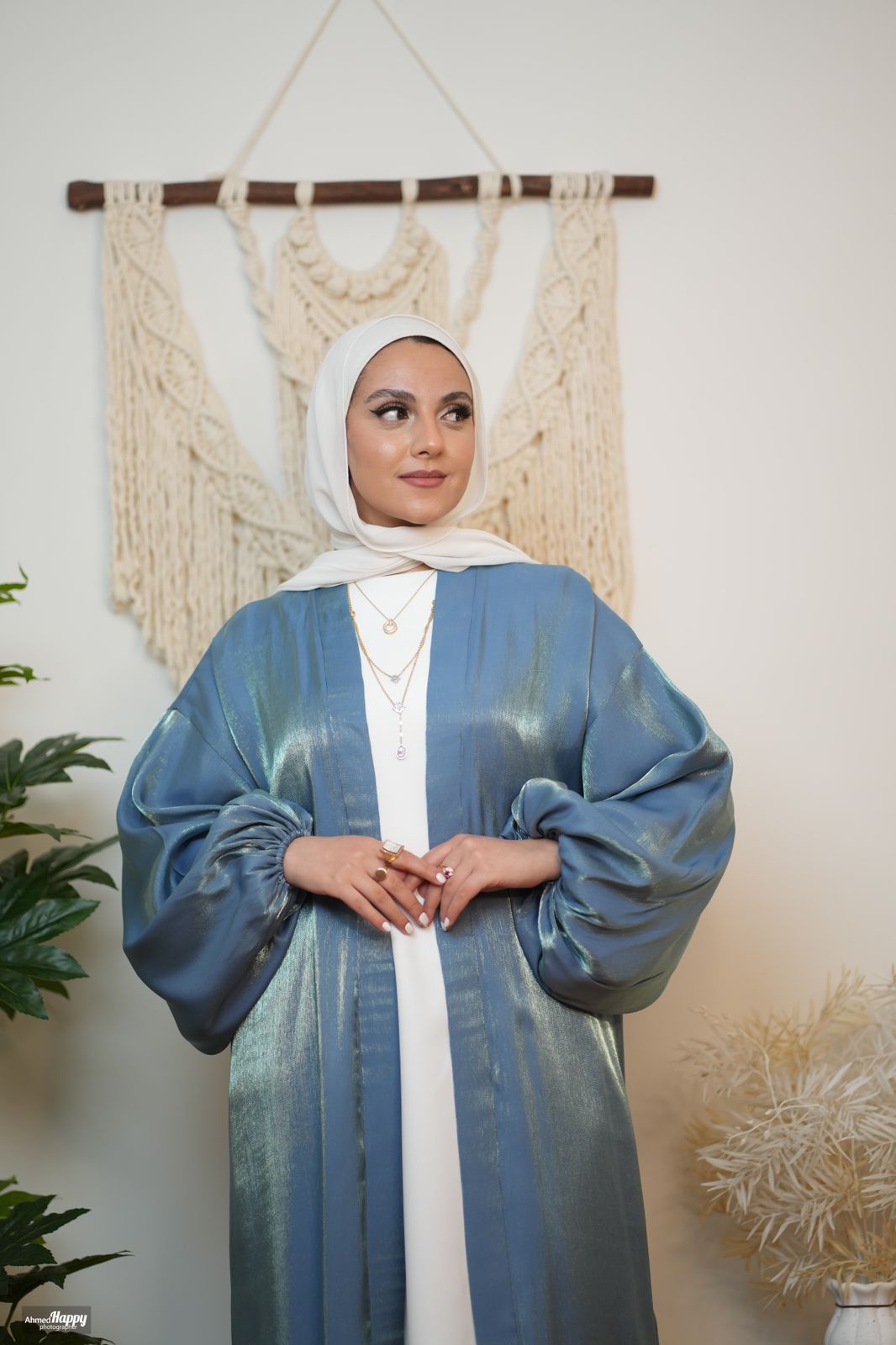 Blue Organza Satin Kaftan