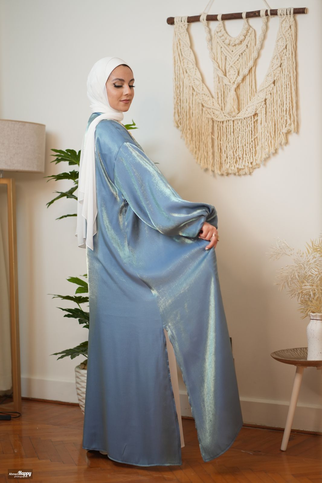 Blue Organza Satin Kaftan