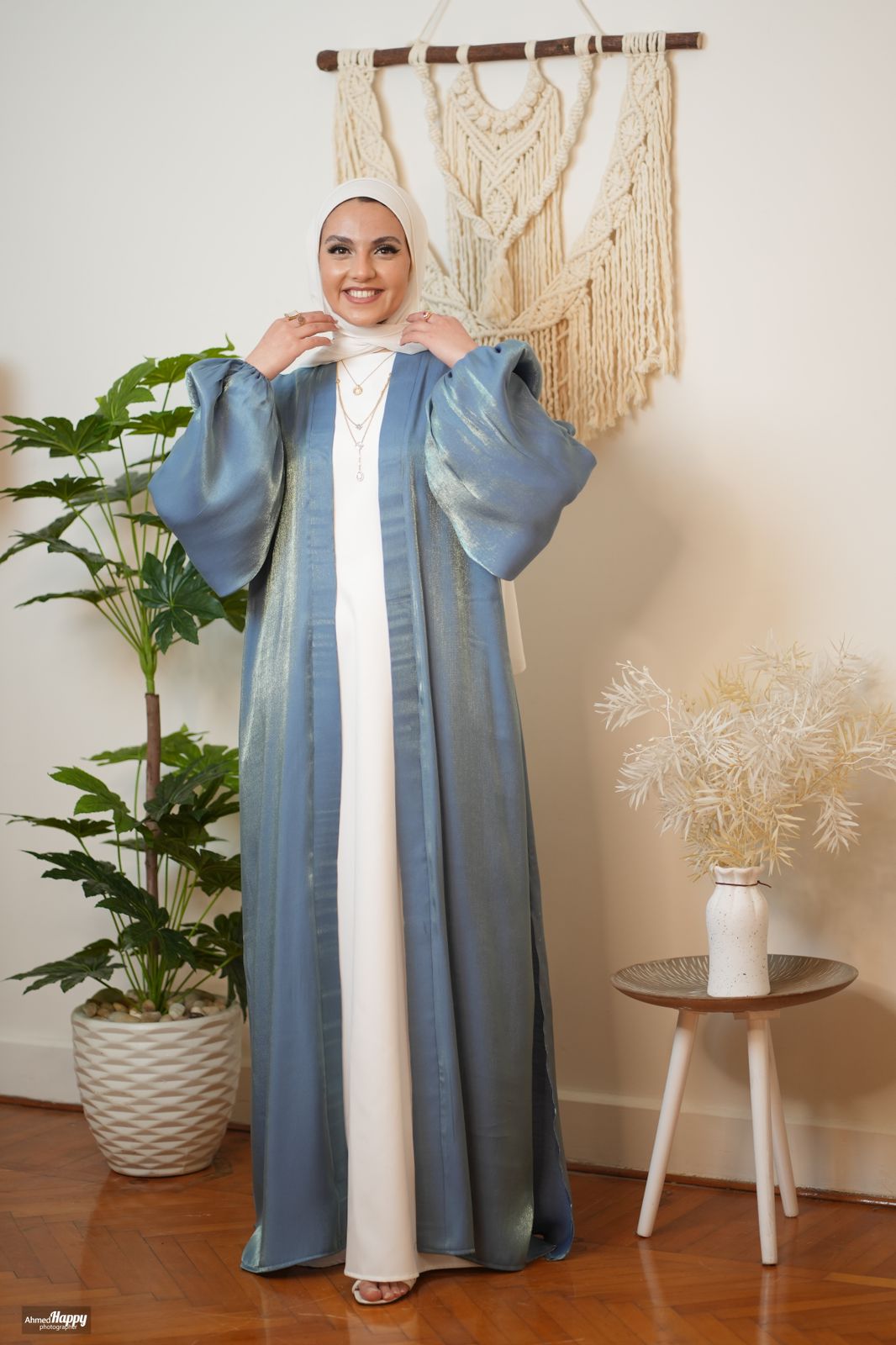 Blue Organza Satin Kaftan