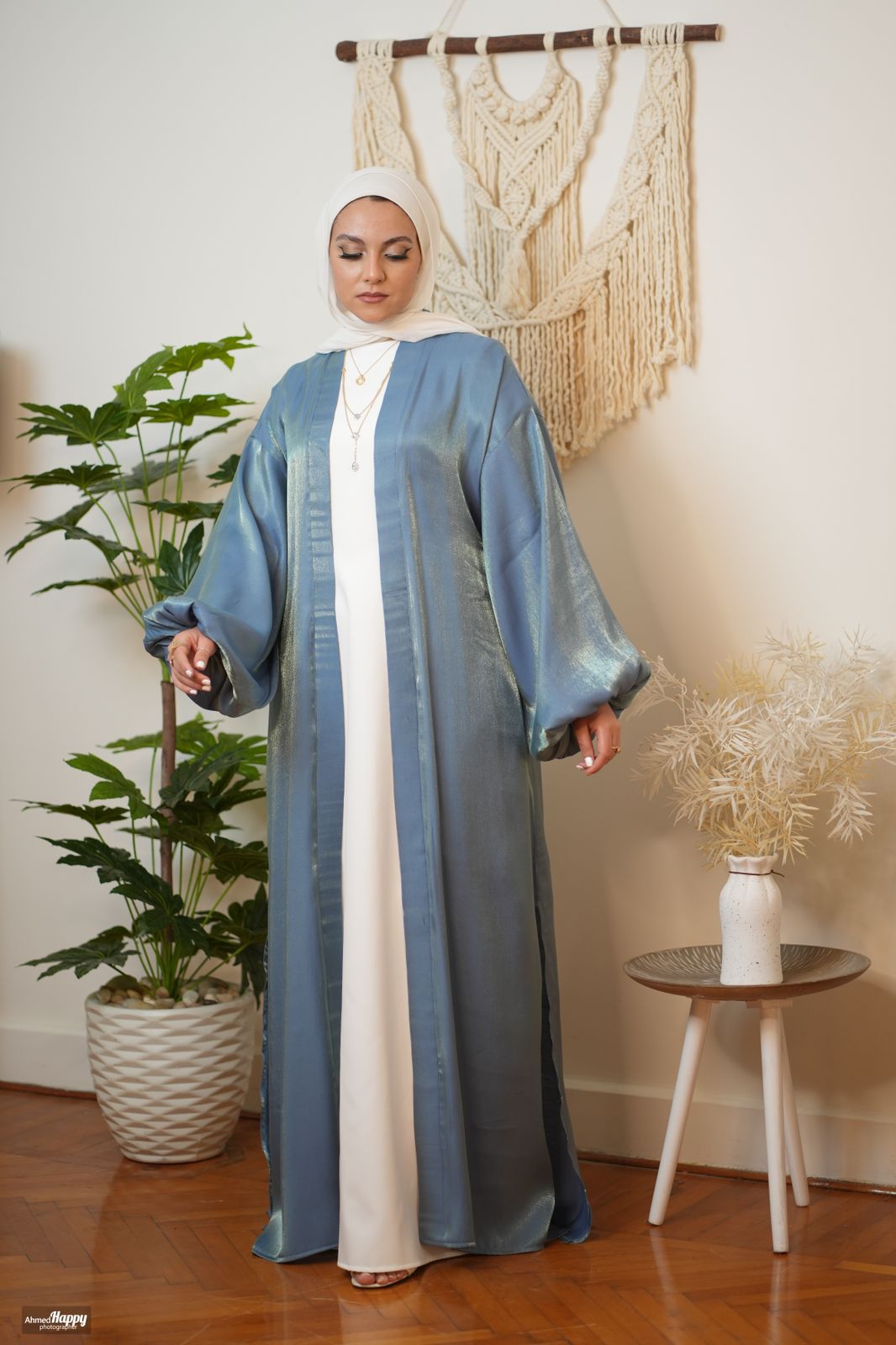 Blue Organza Satin Kaftan