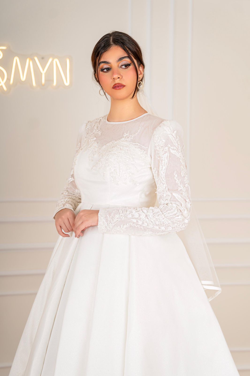 Off-white Simple Bridal Dress with Embroidered Top