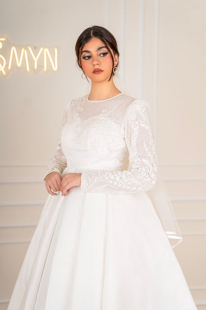 Off-white Simple Bridal Dress with Embroidered Top