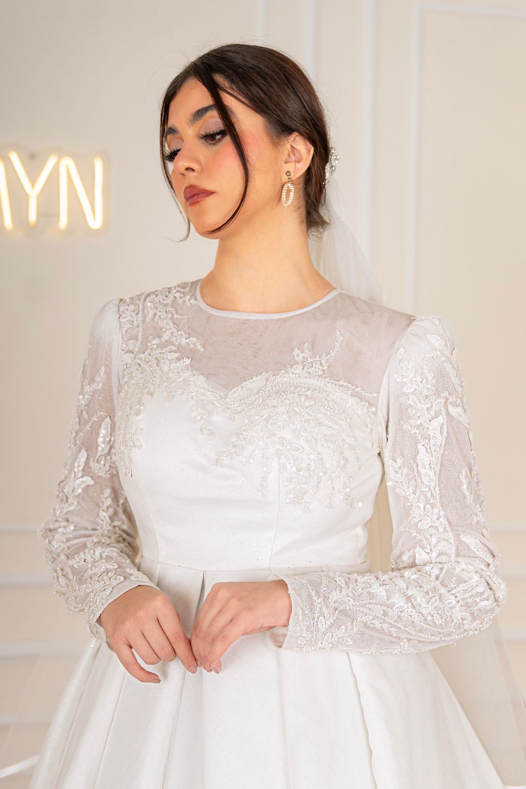 Off-white Simple Bridal Dress with Embroidered Top