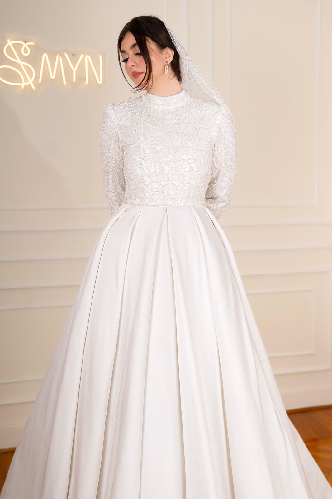 Off-white Simple Bridal Dress with Embroidered Top