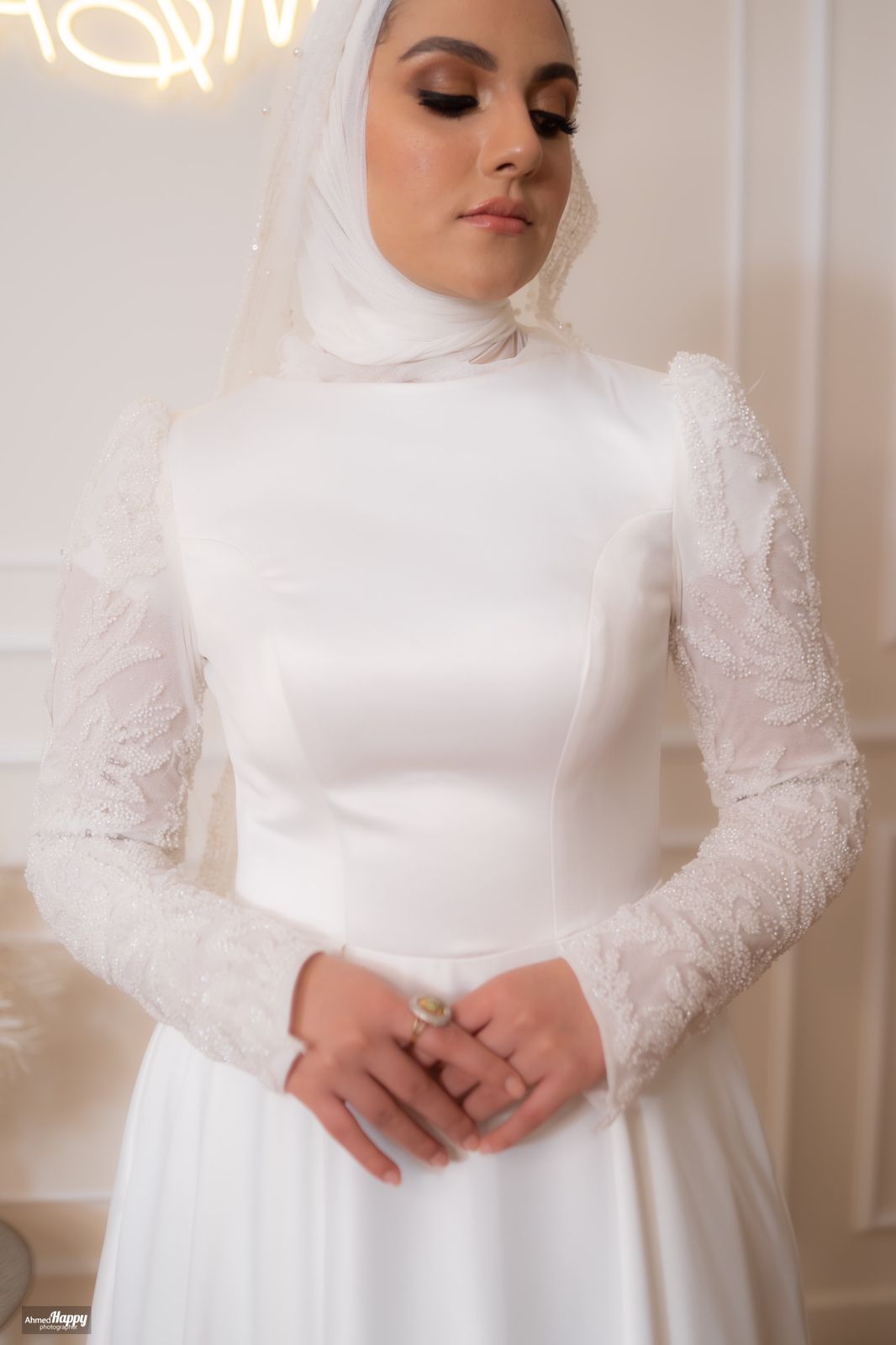 Off-white Princess Bridal Dress with Embroidered Sleeves