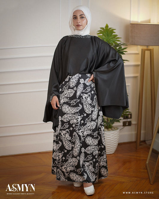 Black Patterned Satin Skirt