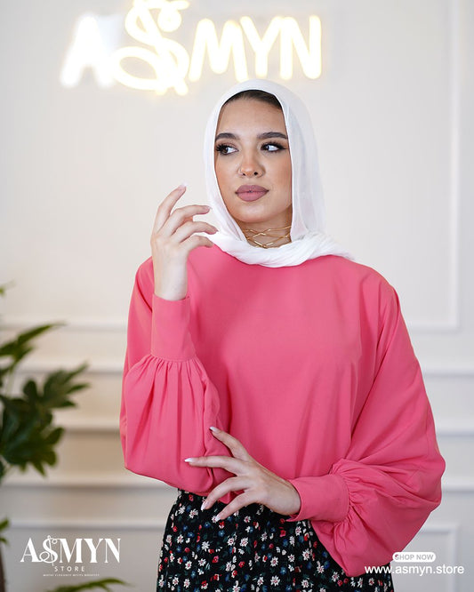 Pink Puffy-sleeves Crepe Blouse