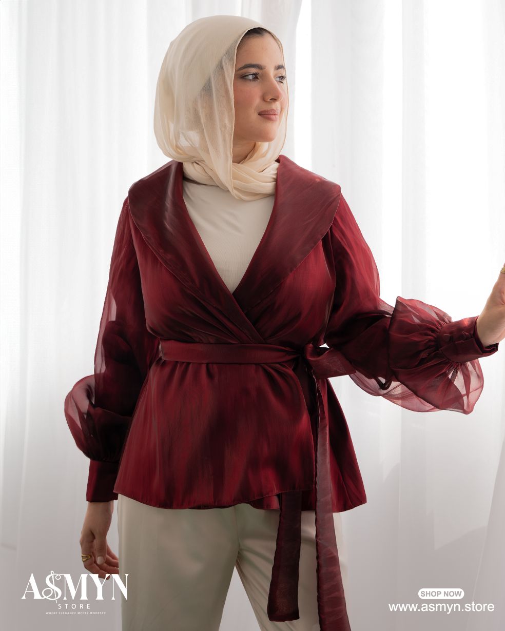 Maroon Metallic Organza Wrap Blouse