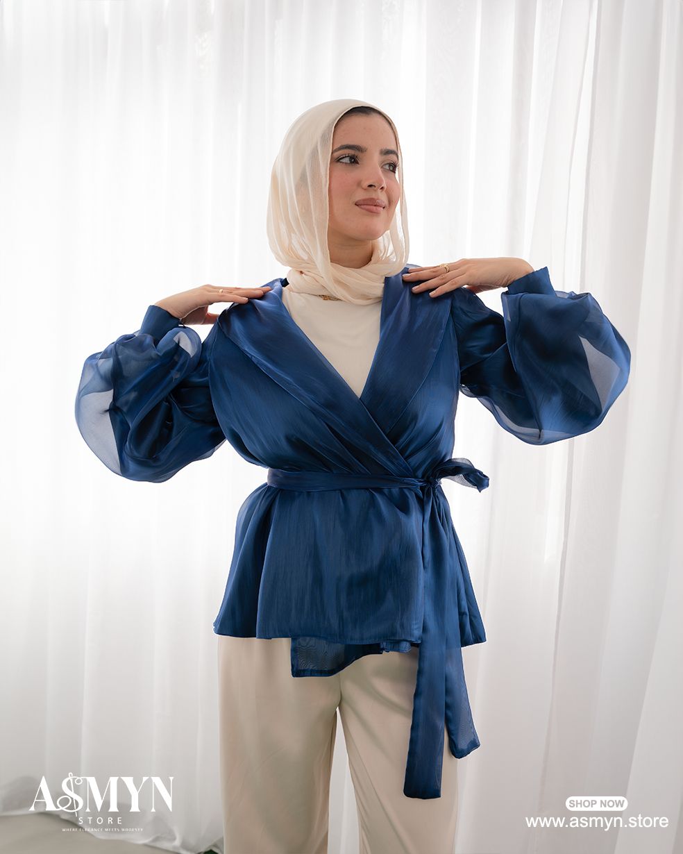 Blue Metallic Organza Wrap Blouse