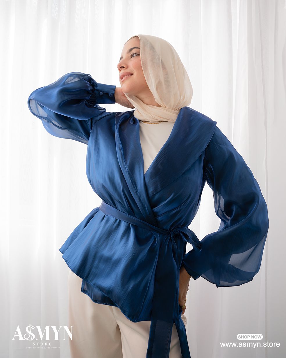 Blue Metallic Organza Wrap Blouse