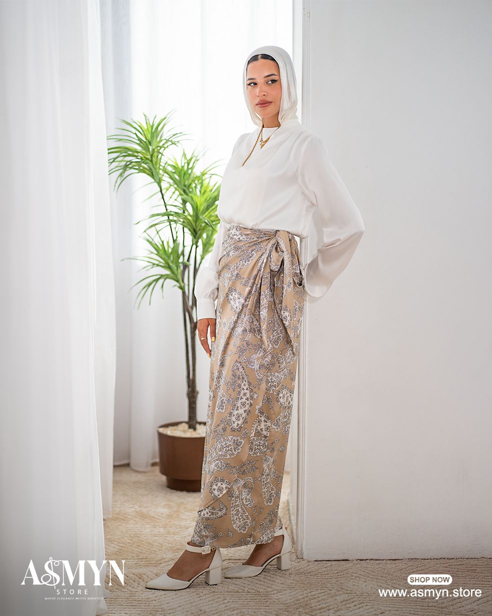 Beige Printed Satin Wrap Skirt