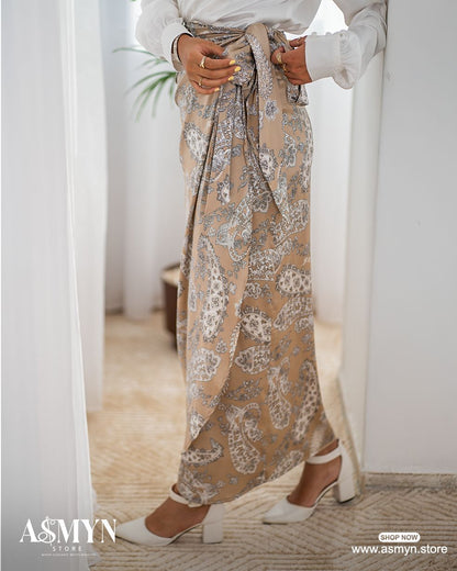Beige Printed Satin Wrap Skirt