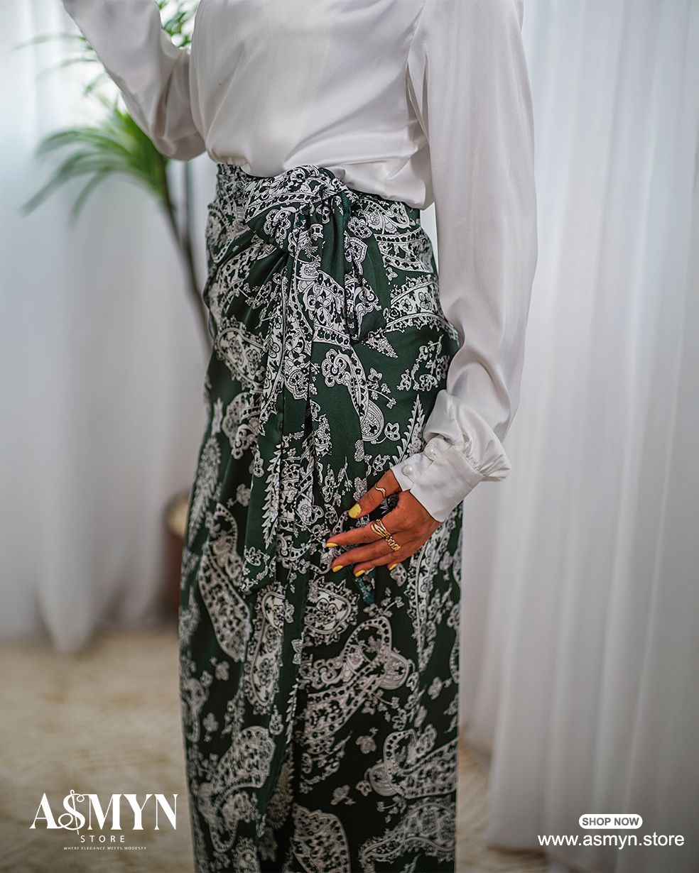 Forest Green Printed Satin Wrap Skirt