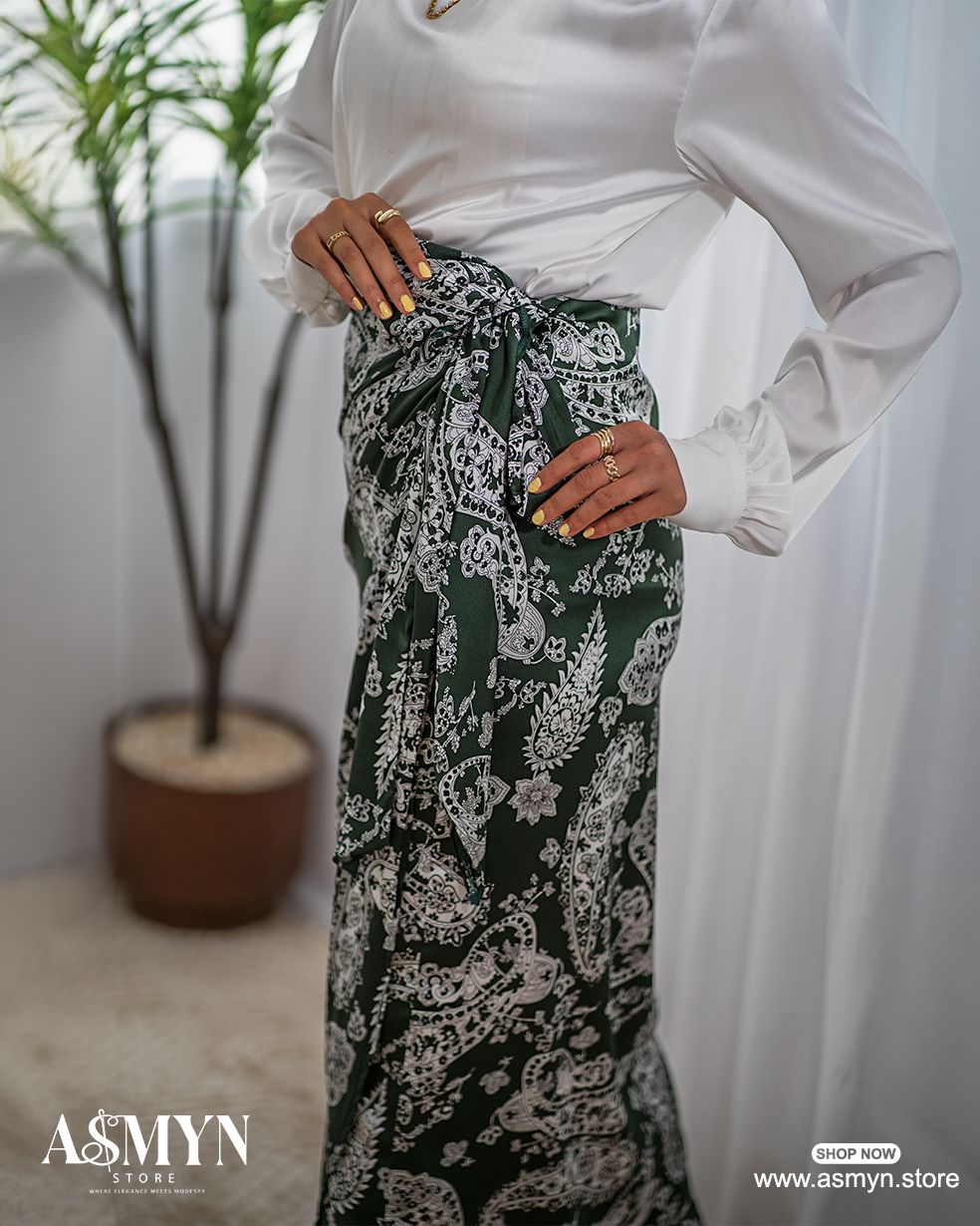 Forest Green Printed Satin Wrap Skirt