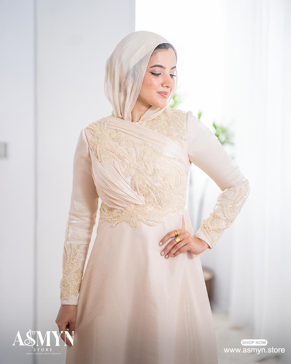 Champagne Embroidered Soiree Dress