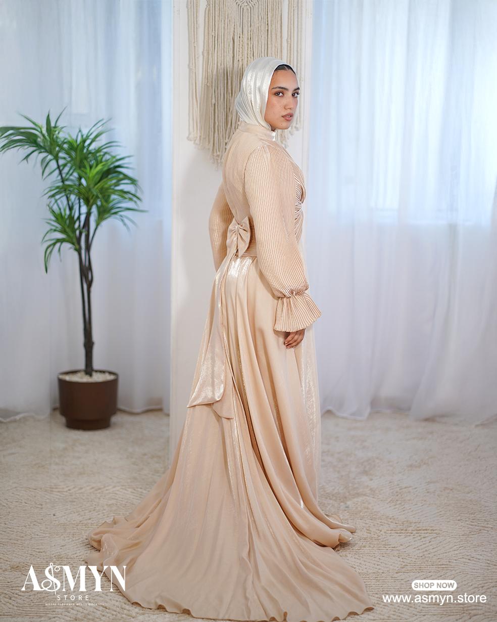 Champagne Plissed-Top Soiree Dress