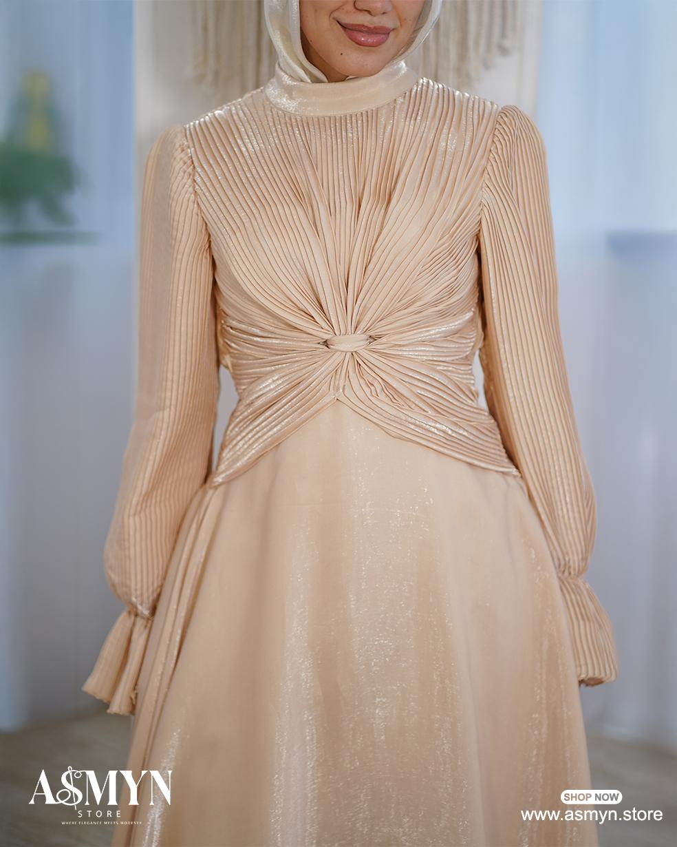 Champagne Plissed-Top Soiree Dress