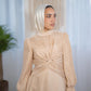 Champagne Plissed-Top Soiree Dress