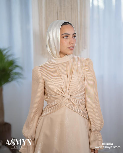 Champagne Plissed-Top Soiree Dress